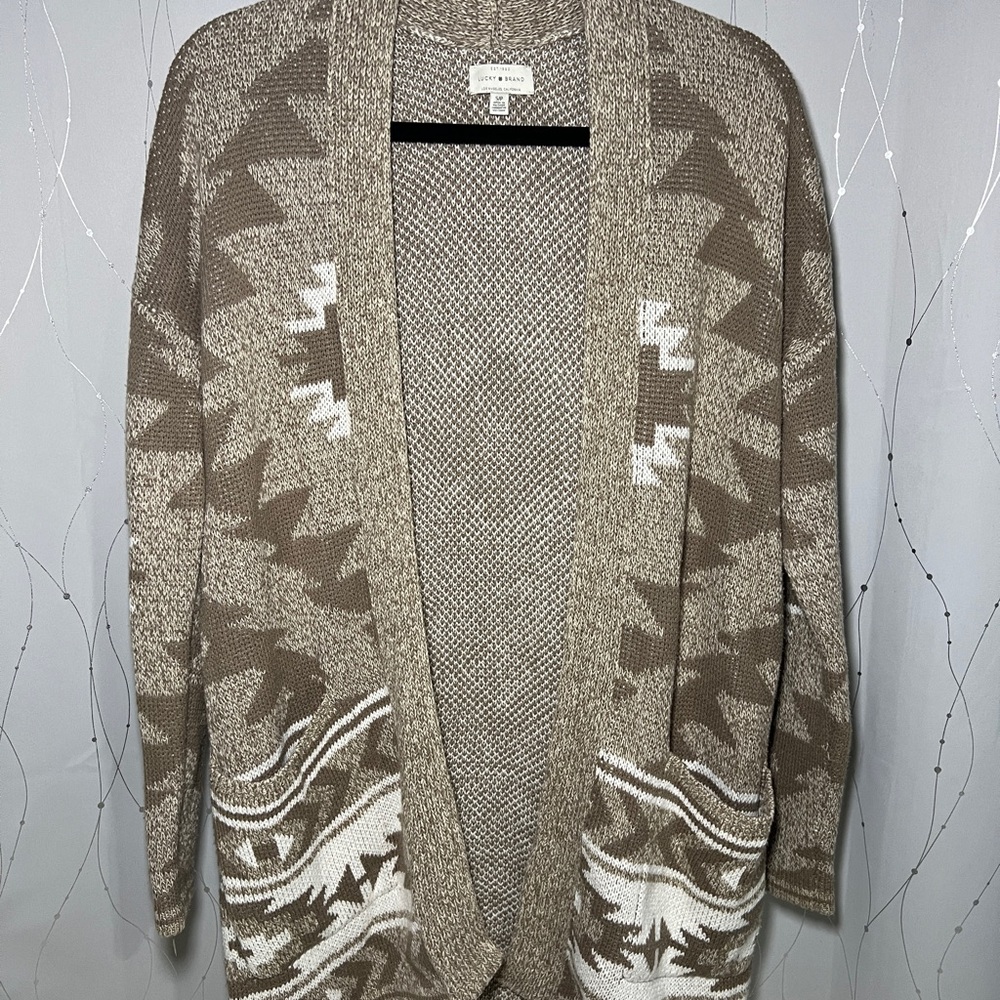 Lucky Brand Western Aztec Open Front Sweater Cardigan Wrap Pockets Size S